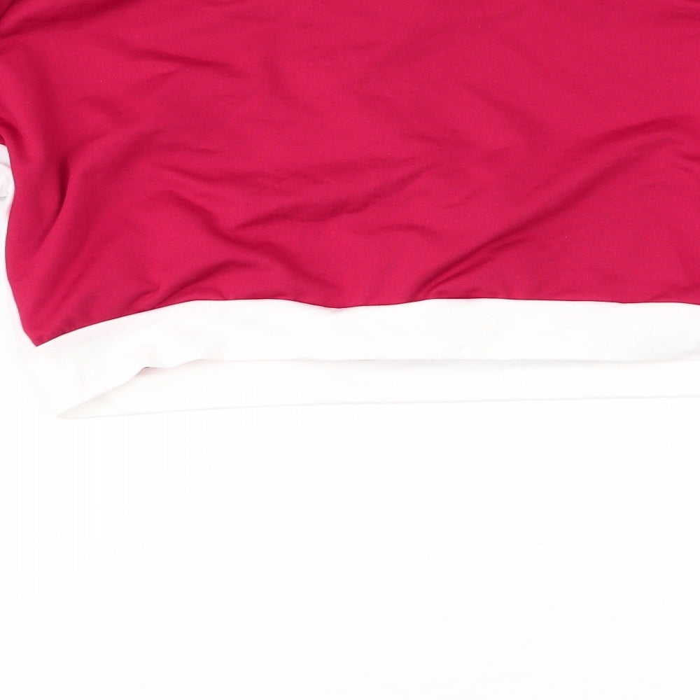 Brand and care label for women’s red pullover sweatshirt, size XL