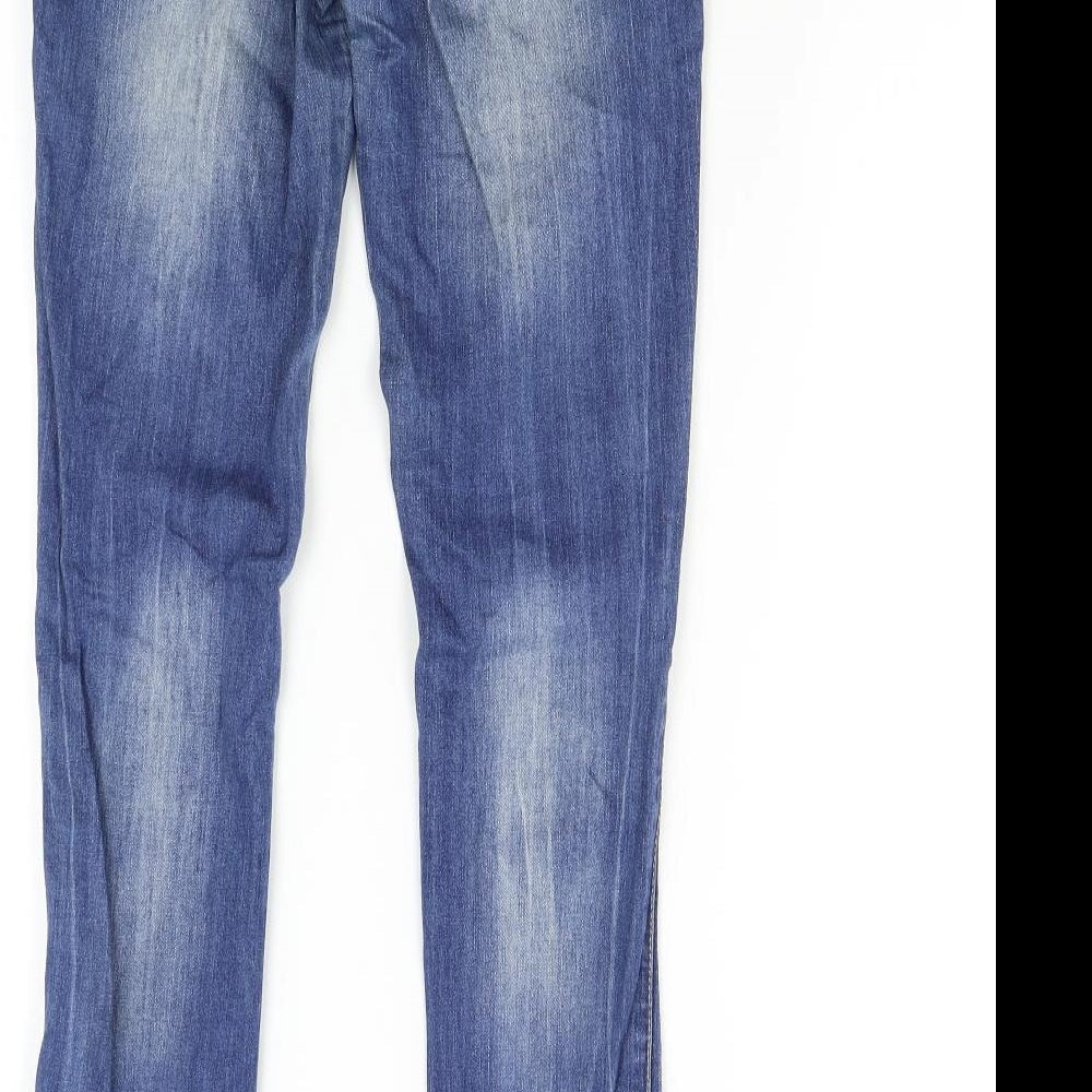Brand and care label for Bershka women’s blue denim skinny jeans, size UK 38, 31-inch leg
