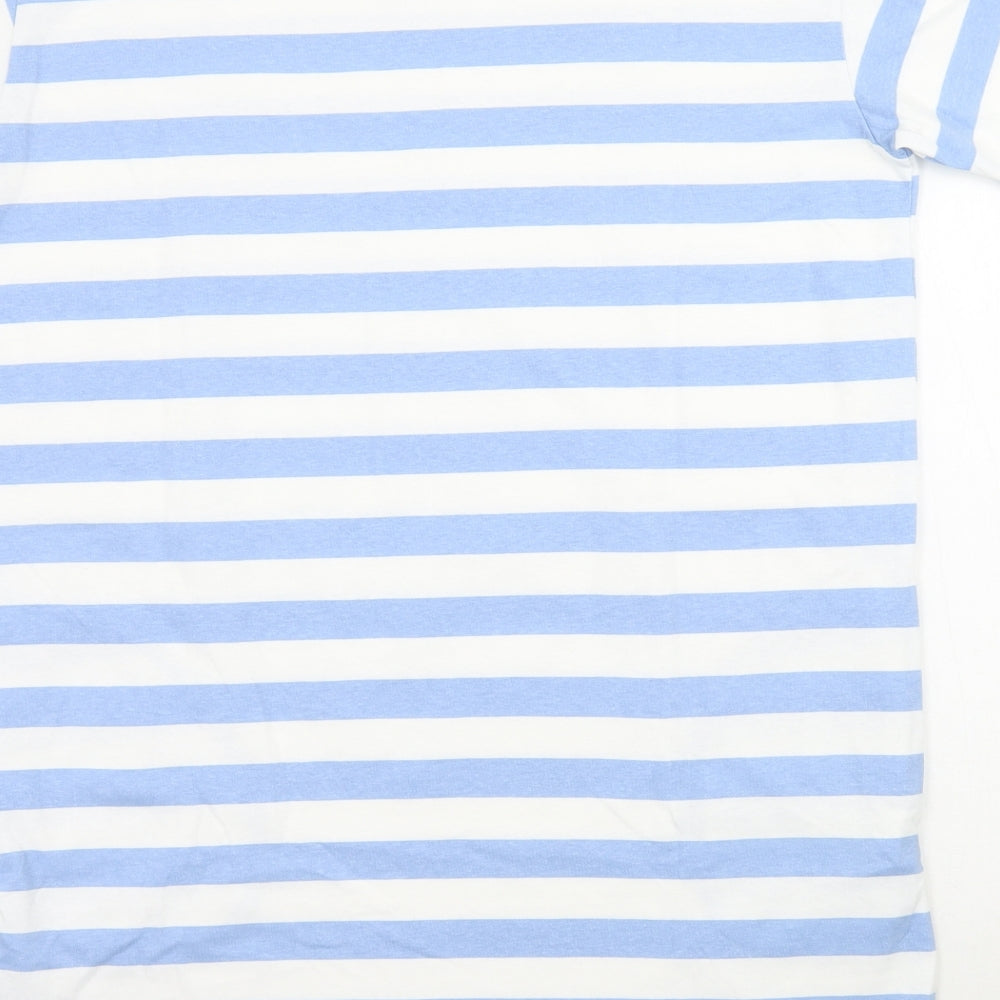 Brand and care label for Miss Selfridge women’s blue striped a-line, size UK 10