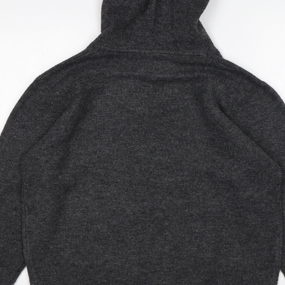 Brand and care label for women’s grey pullover hoodie, size M