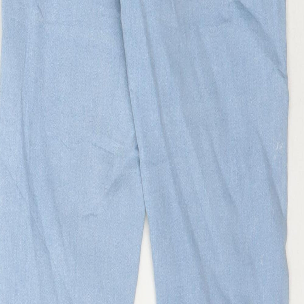 Brand and care label for Bershka women’s blue denim skinny jeans, size UK 6, 30-inch leg