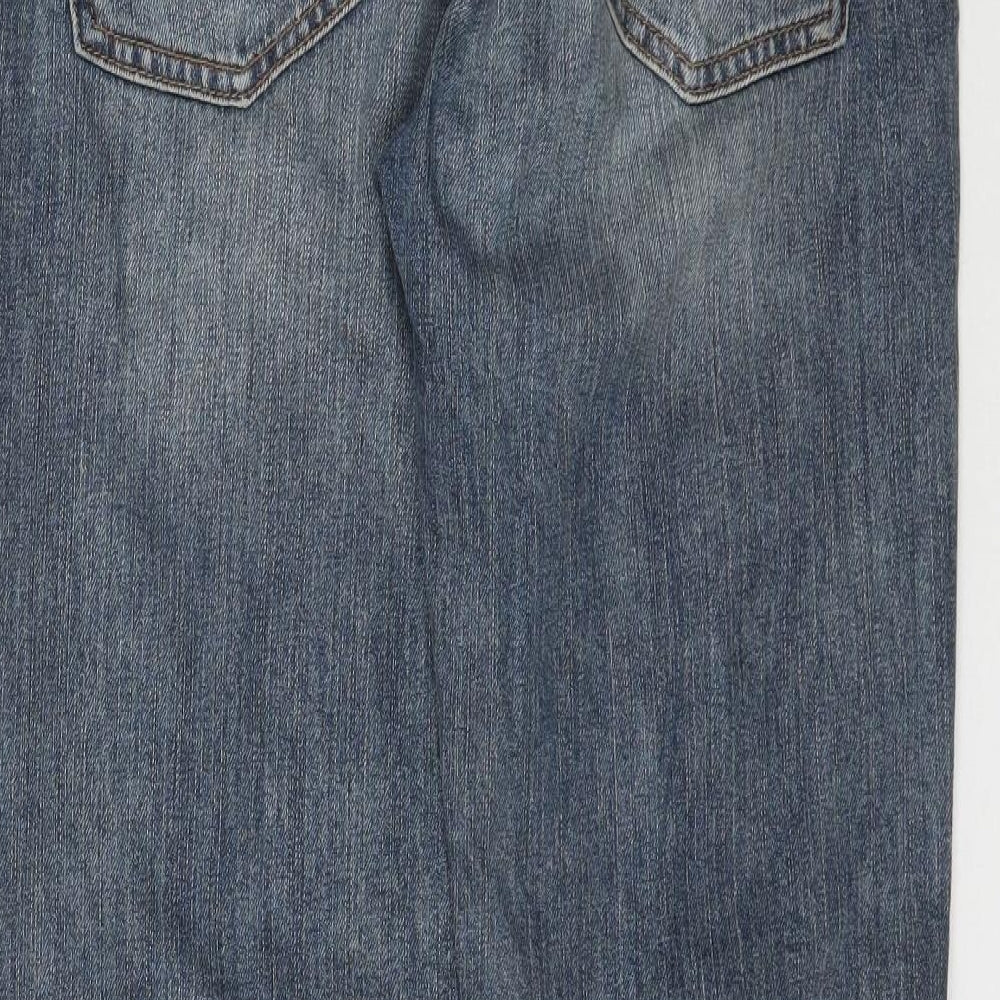 Brand and care label for American Eagle women’s blue denim skinny jeans, size UK 30, 29-inch leg - raw hem