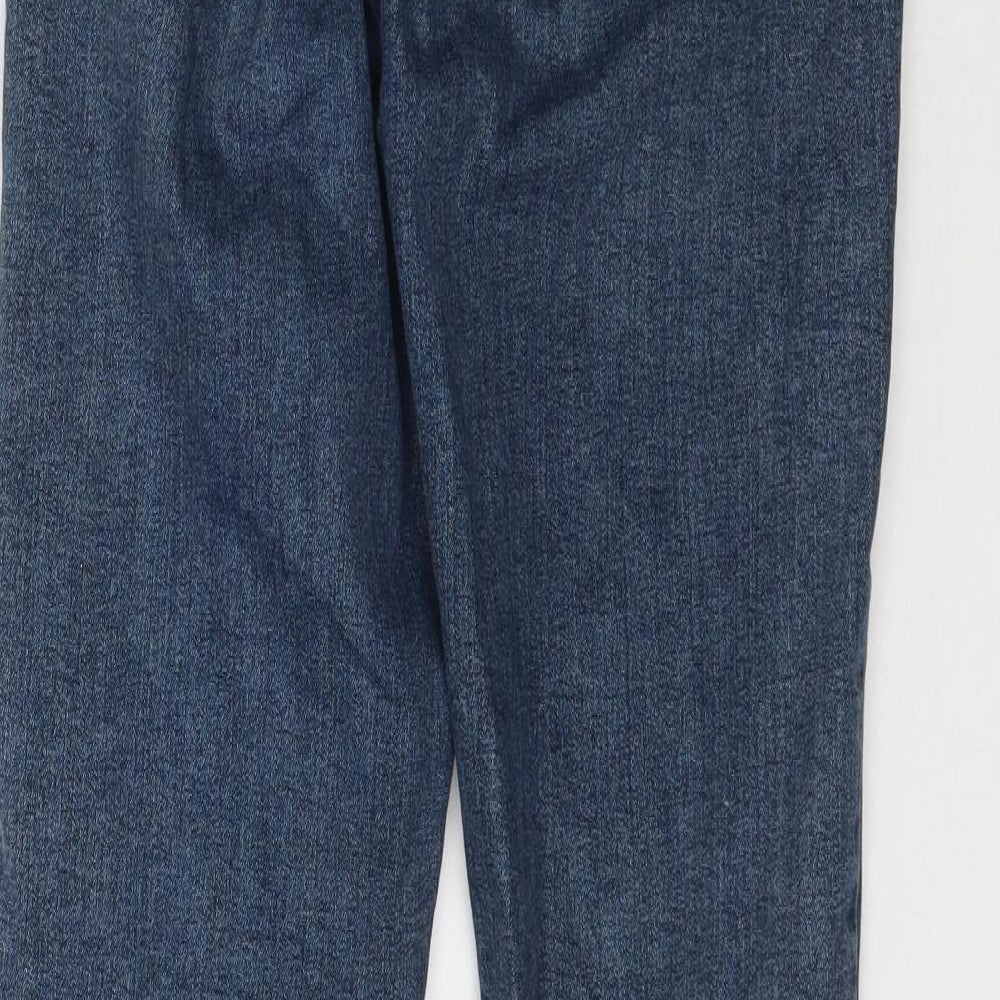 Brand and care label for Topshop women’s blue denim skinny jeans, size UK 28, in, 30-inch leg