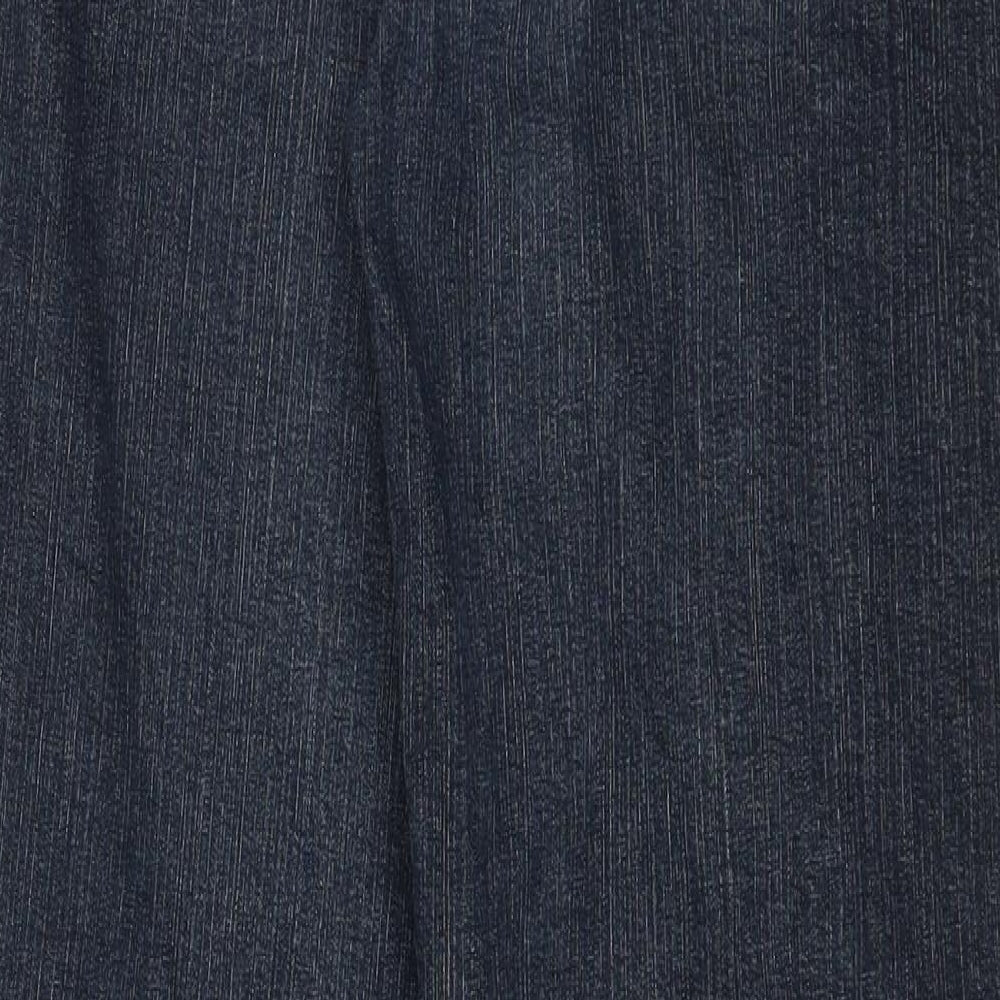 Brand and care label for Next women’s blue denim straight jeans, size S, 28-inch leg