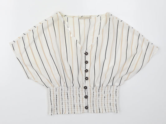 Additional front view of Active USA women’s white striped basic blouse, size S