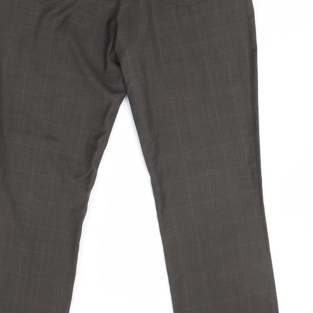 Brand and care label for Preworn men’s brown striped trousers, size 36, in, 31-inch leg