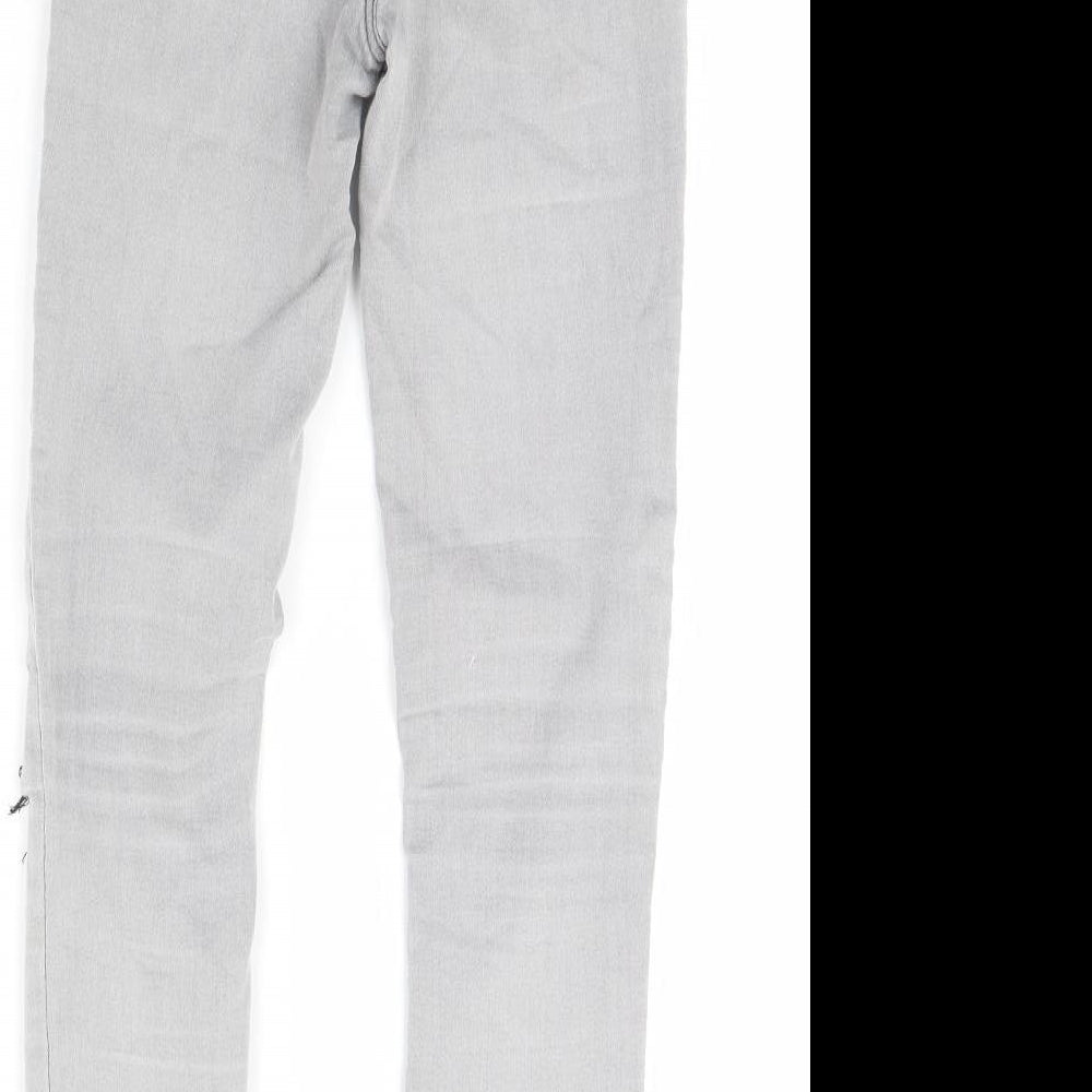 Brand and care label for New Look women’s grey denim skinny jeans, size UK 8, 30-inch leg