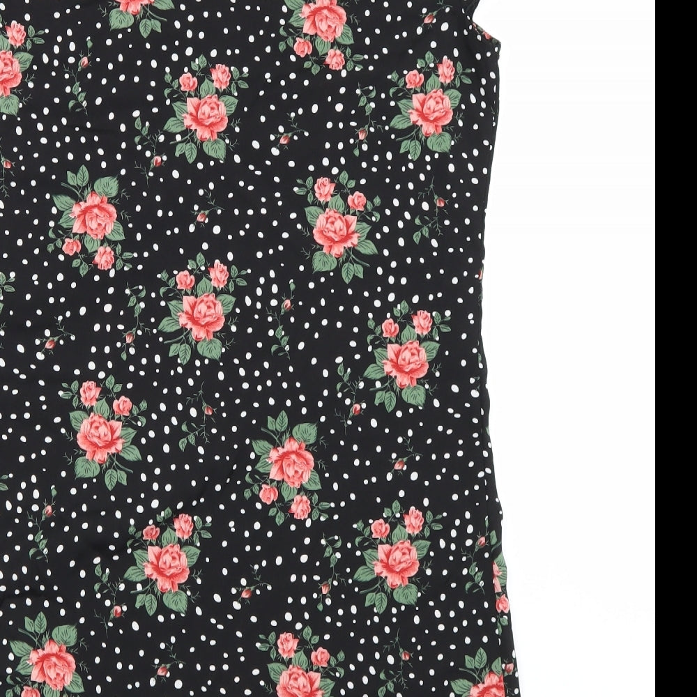 Brand and care label for SHEIN Shien women’s black floral t-shirt dress, size L