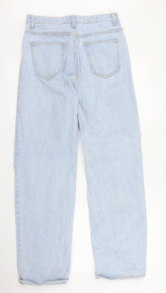 Back view of SHEIN women’s blue denim mom jeans, size M, 30-inch leg