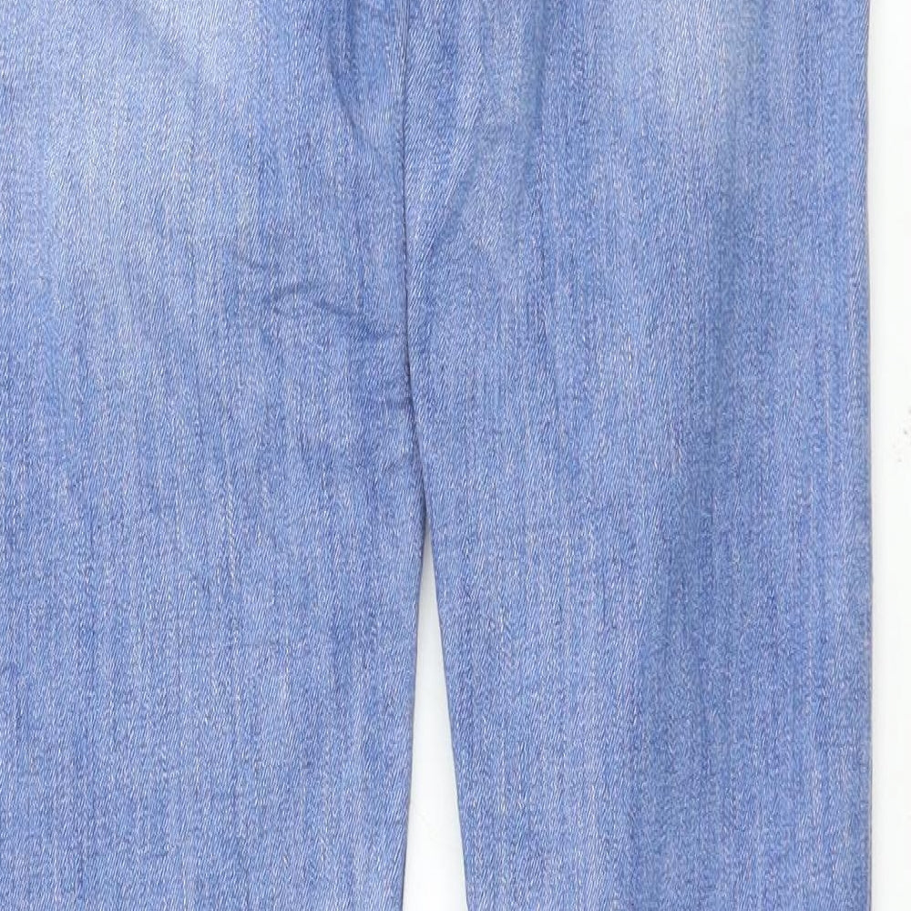 Brand and care label for H&M women’s blue skinny jeans, size UK 27, 30-inch leg