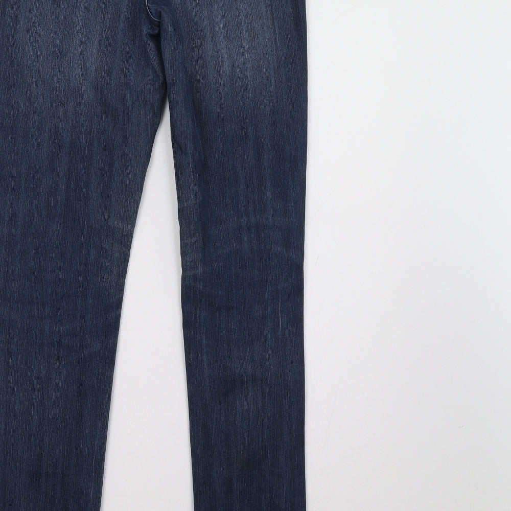 Brand and care label for Oasis women’s blue straight jeans, size UK 28, 32-inch leg