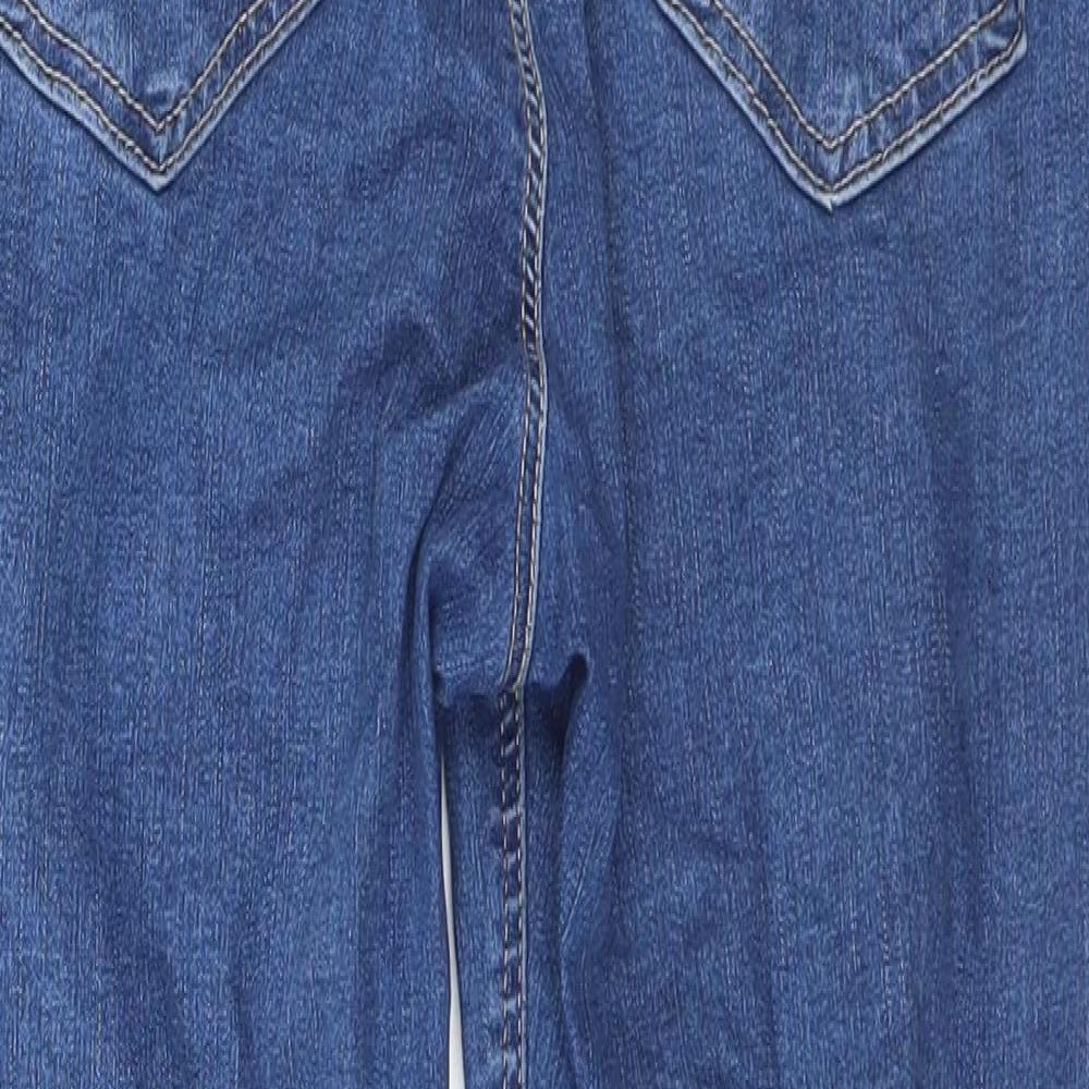 Brand and care label for Topshop women’s blue skinny jeans, size UK 32, in, 28-inch leg