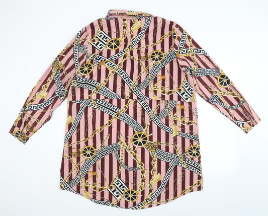 Boohoo Womens Pink Striped Basic Button-Up