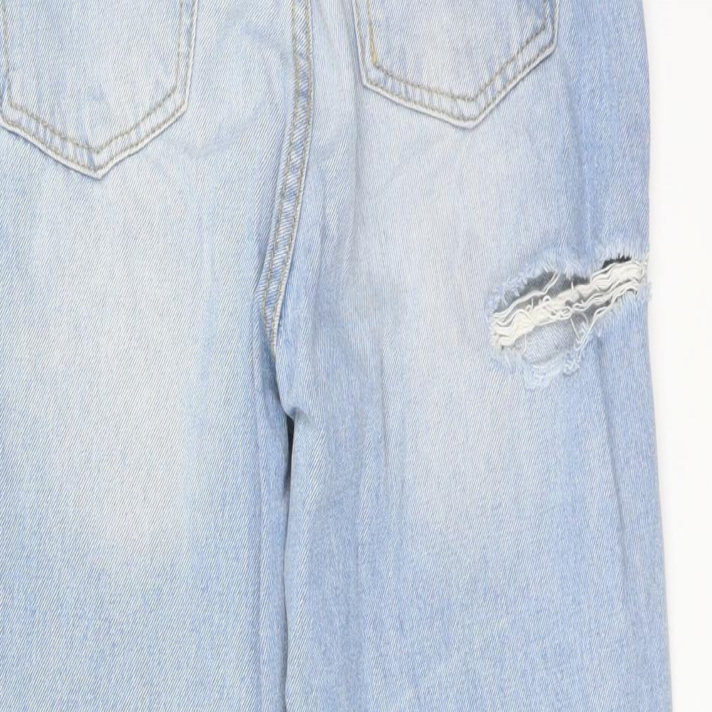 Brand and care label for PRETTYLITTLETHING women’s blue straight jeans, size UK 8, 25-inch leg