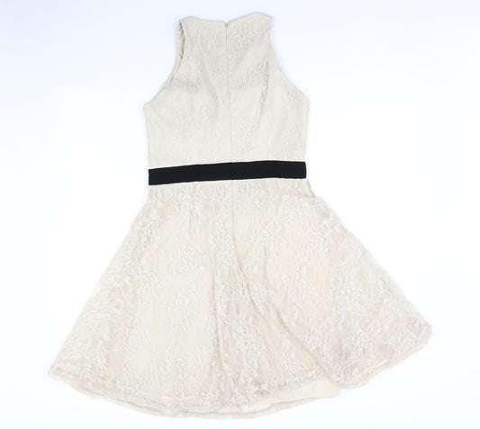 Back view of Little Mistress women’s beige fit & flare, size UK 10