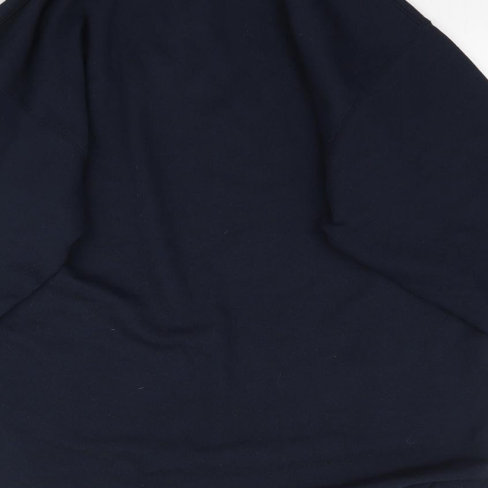 Brand and care label for US BASIC women’s blue pullover sweatshirt, size M