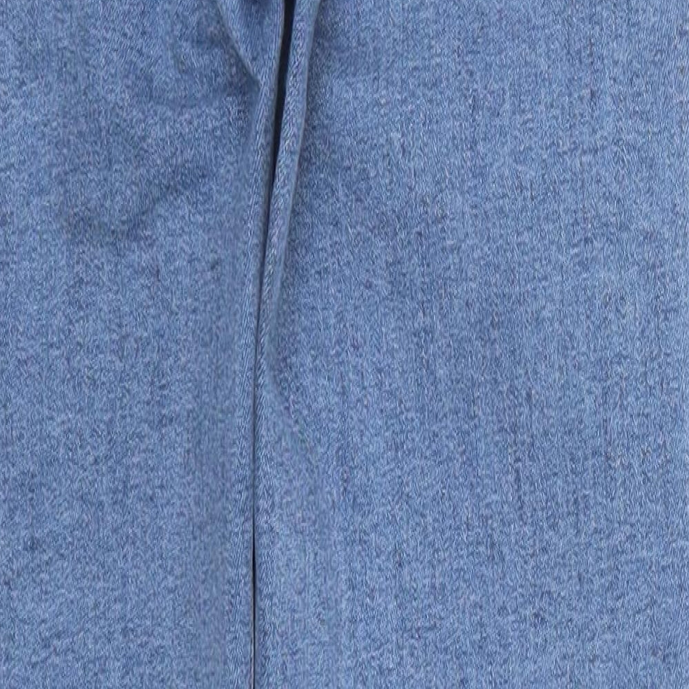 Brand and care label for Bershka women’s blue denim straight jeans, size UK 4, 24-inch leg