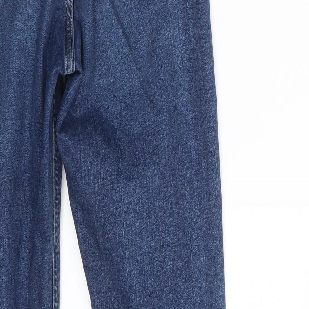 Brand and care label for Topshop women’s blue denim skinny jeans, size UK 24, in, 28-inch leg