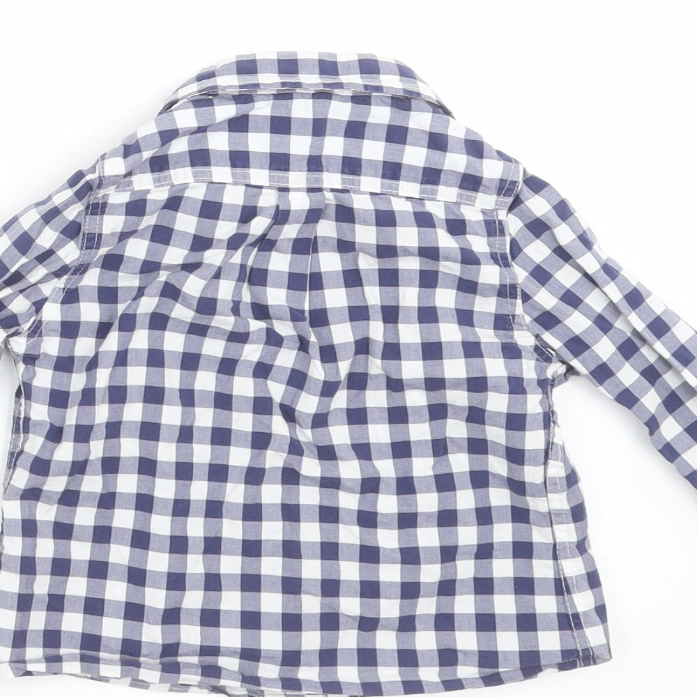 Brand and care label for Preworn boys’ blue check basic button-up, size 12-18, months
