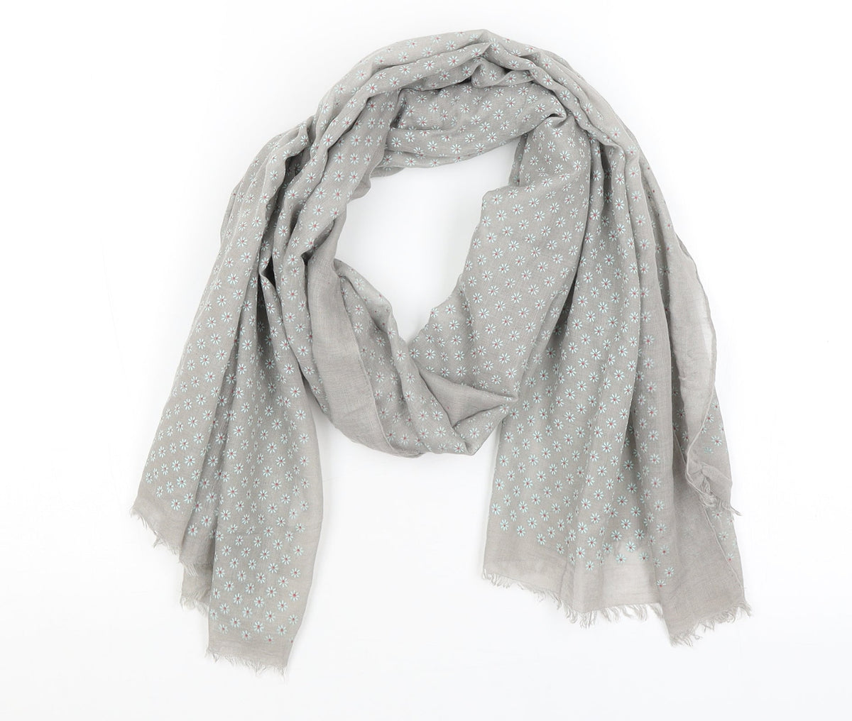 Front view of Preworn women’s grey floral scarf