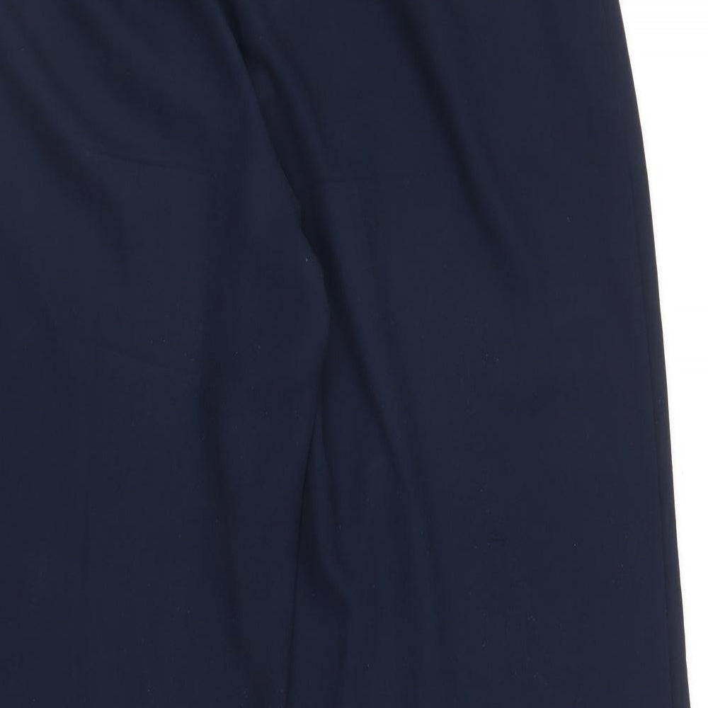 Brand and care label for Preworn women’s blue trousers, size L, 28-inch leg