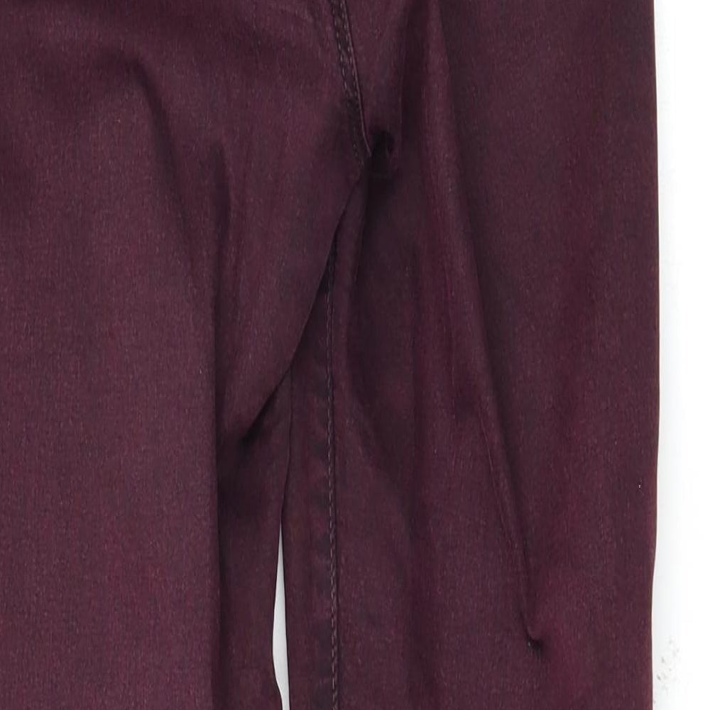 Brand and care label for Topshop women’s purple skinny jeans, size UK 28, 32-inch leg