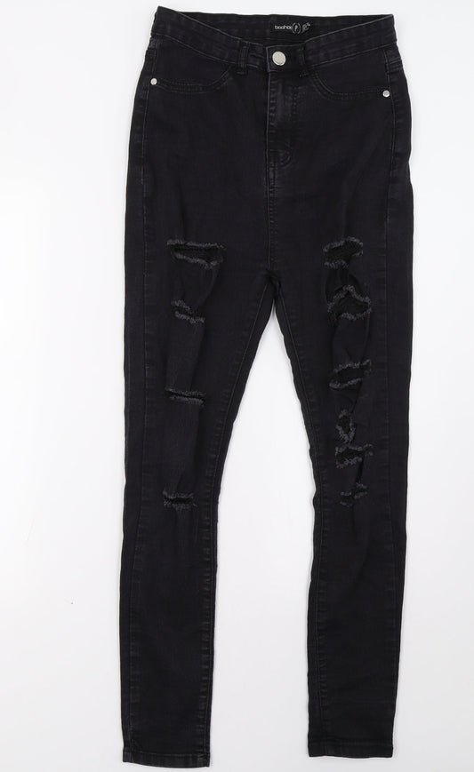 Additional front view of Boohoo women’s black skinny jeans, size UK 12, 31-inch leg
