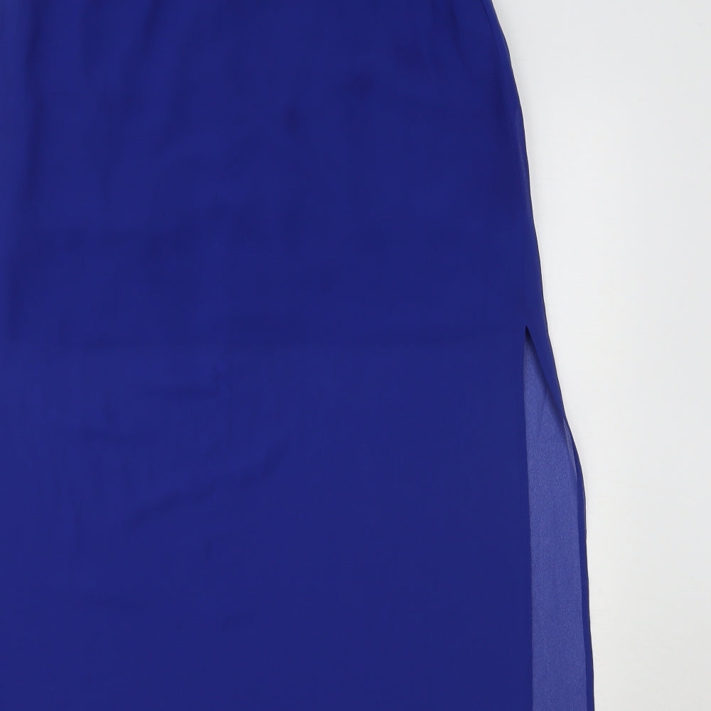 Brand and care label for H&M women’s blue a-line skirt, size UK 8