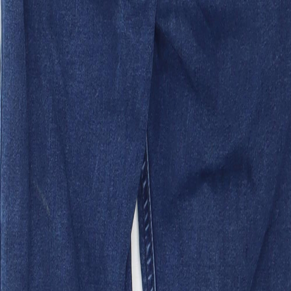 Brand and care label for River Island women’s blue denim skinny jeans, size UK 6, 28-inch leg