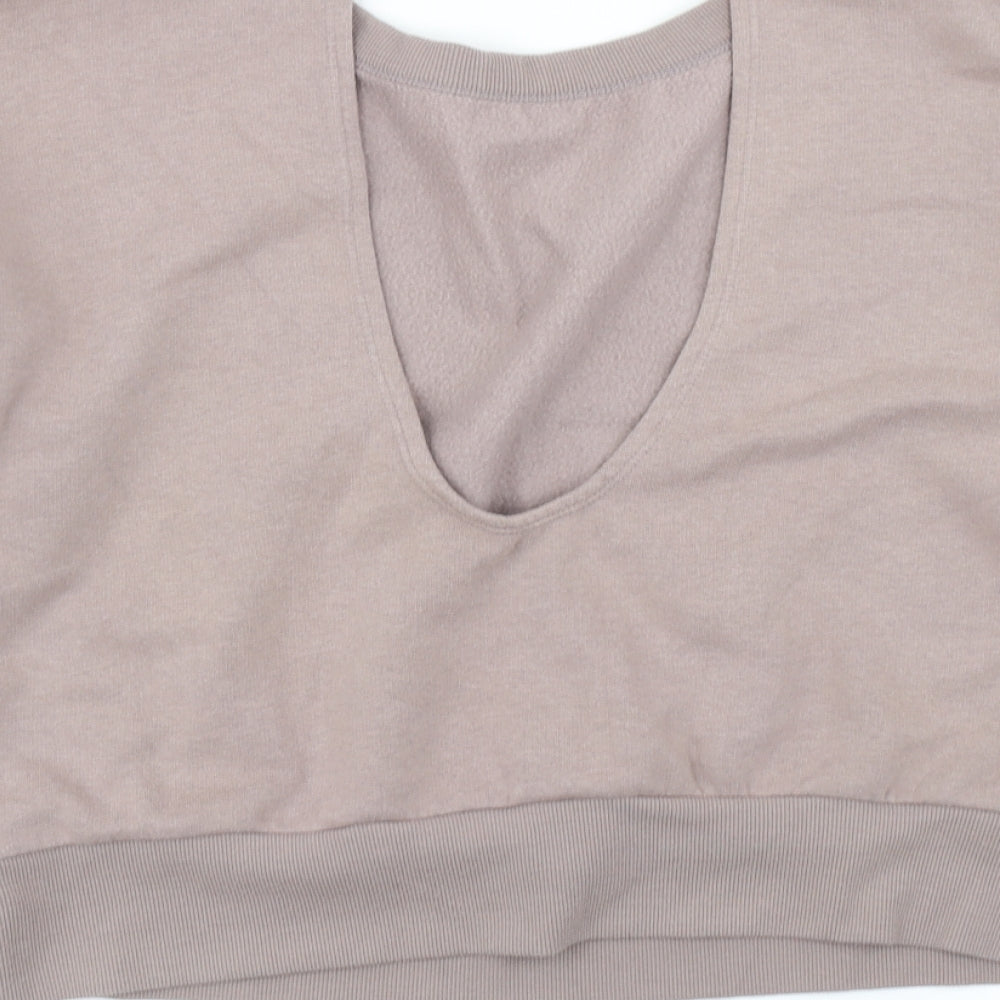 Brand and care label for H&M women’s brown pullover sweatshirt, size S, - cut out back