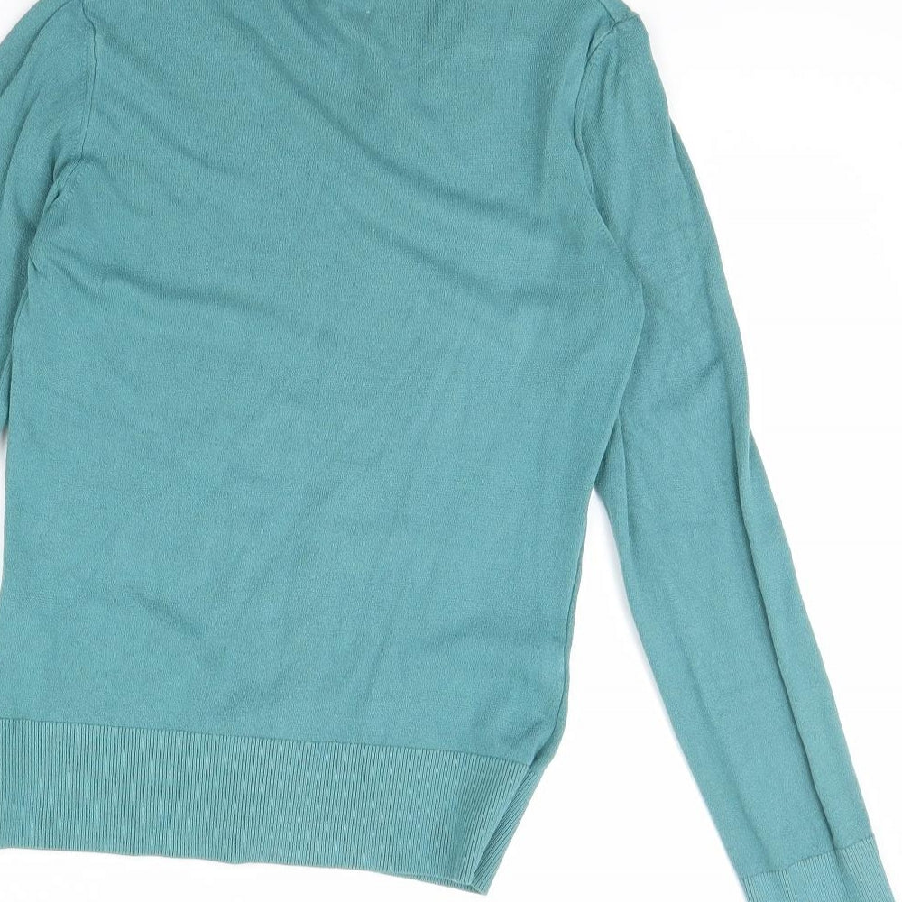 Brand and care label for mexy women’s green jumper, size S