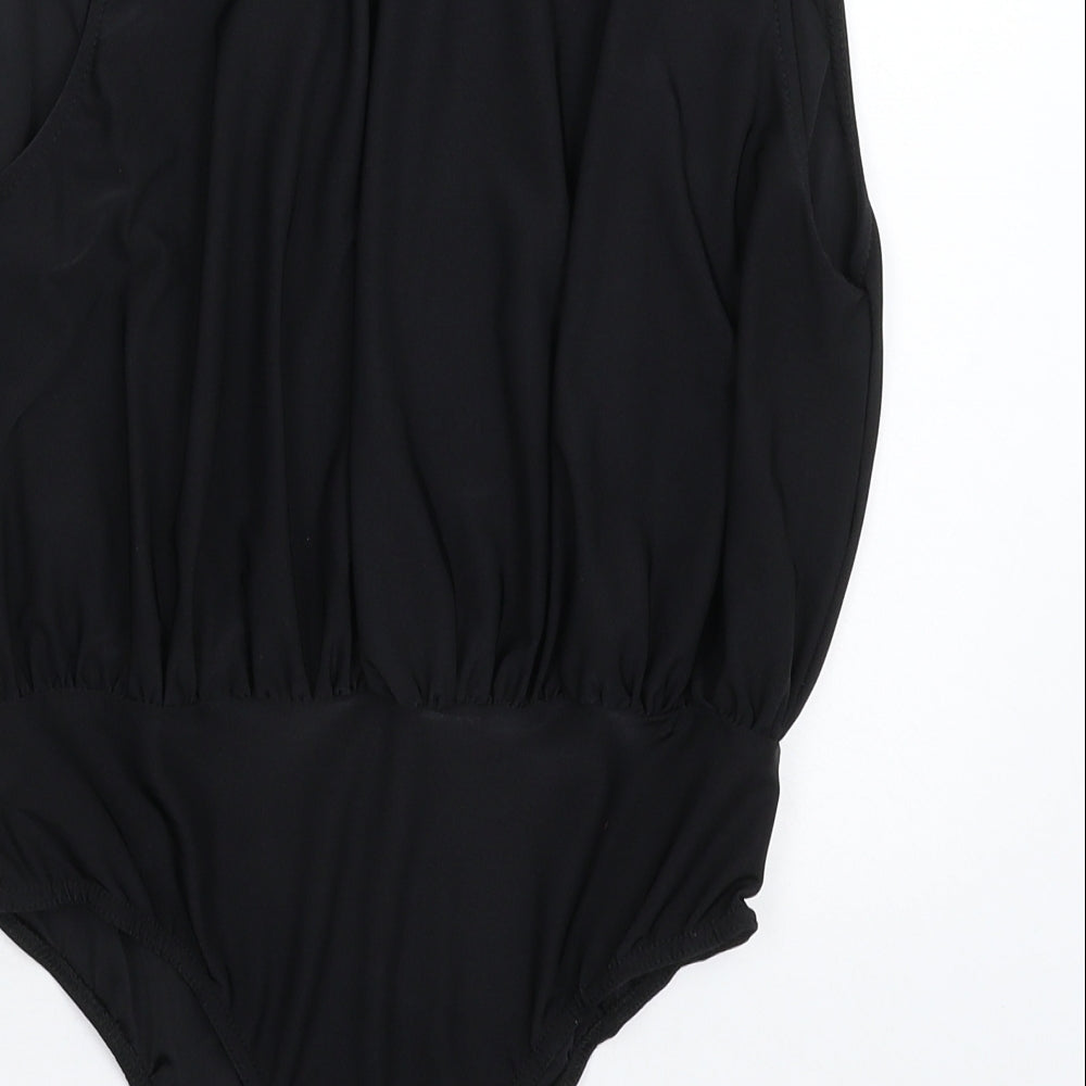 Brand and care label for Missguided women’s black bodysuit one-piece, size UK 8