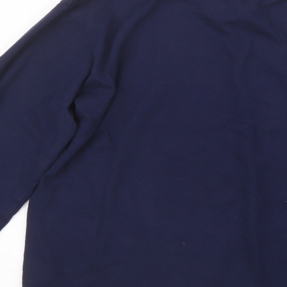 Brand and care label for Tu boys’ blue geometric pyjama top, size 10-11, years