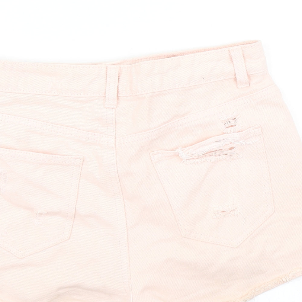 Brand and care label for Denim Co women’s pink denim hot pants shorts, size UK 8, - distressed