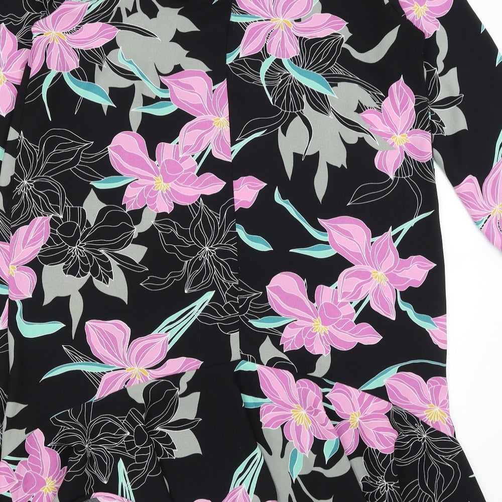 Brand and care label for River Island women’s black floral mermaid, size UK 14