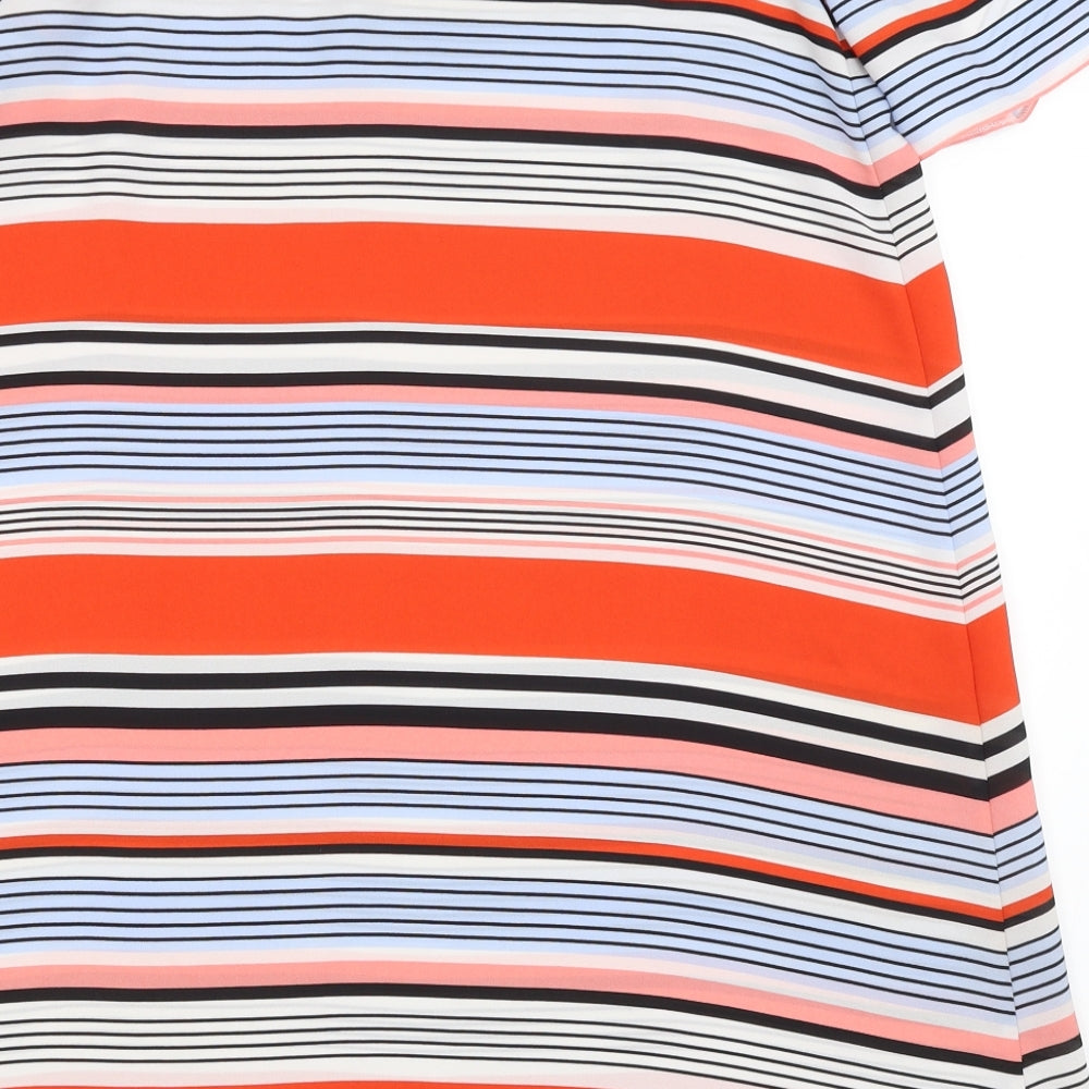 Brand and care label for New Look women’s blue striped a-line, size UK 12