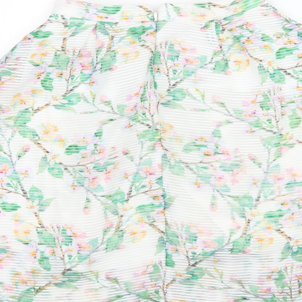 Brand and care label for Atmosphere women’s multicoloured floral a-line skirt, size UK 4