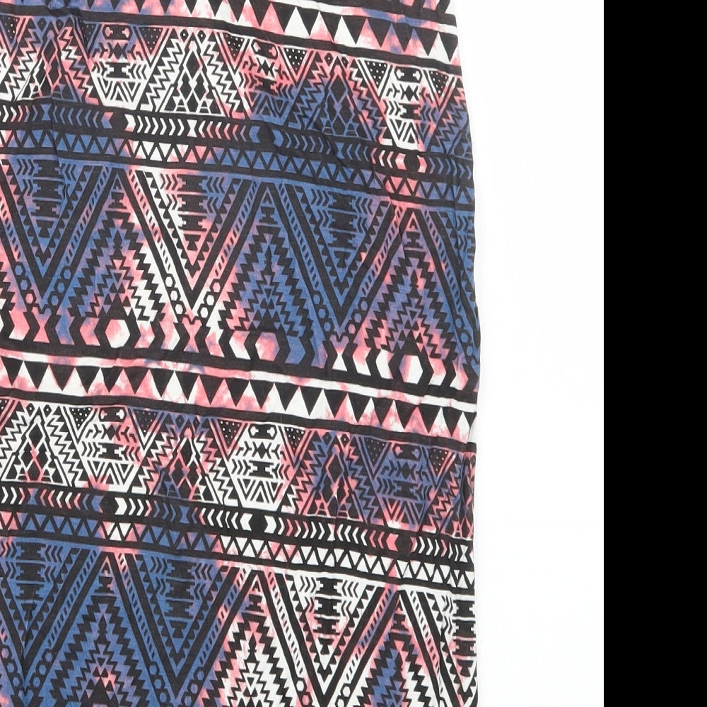 Brand and care label for Preworn women’s blue geometric straight & pencil skirt, size UK 23, in