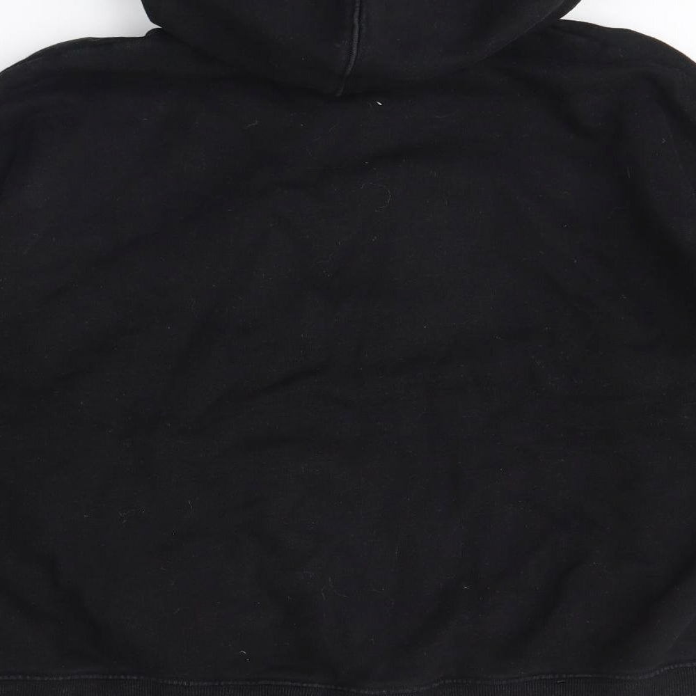Brand and care label for H&M women’s black pullover hoodie, size S