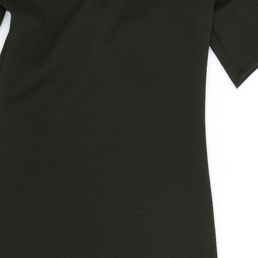 Brand and care label for Dorothy Perkins women’s green t-shirt dress, size UK 8