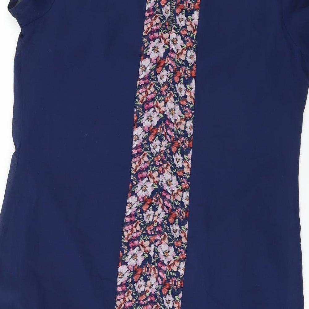 Brand and care label for women’s blue floral a-line, size UK 12