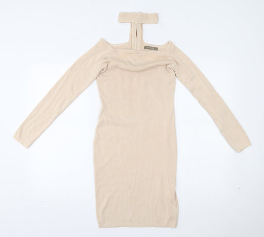 Additional front view of Tu women’s beige bodycon, size UK 12, - with collar