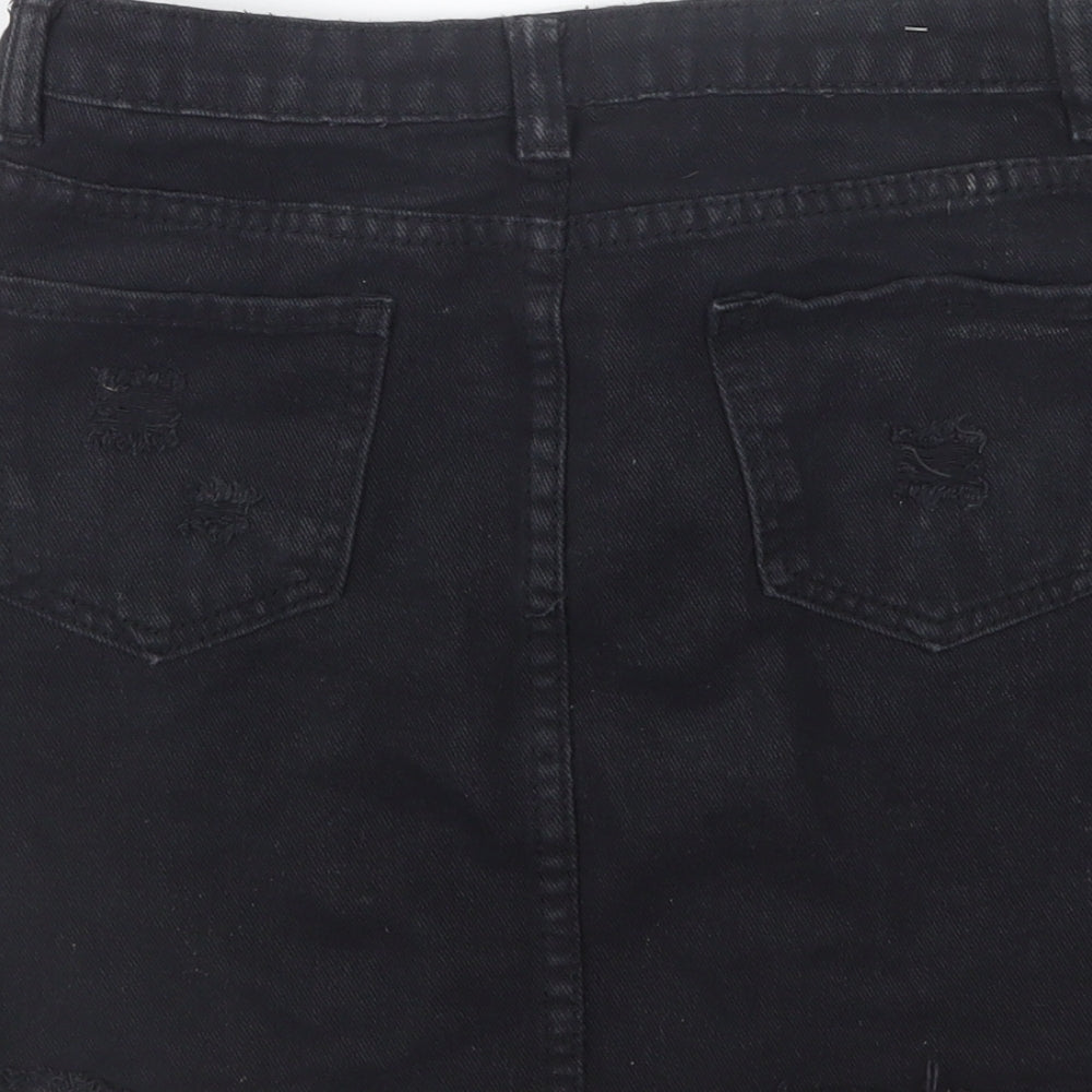 Brand and care label for Denim Club women’s black denim straight & pencil skirt, size UK 8