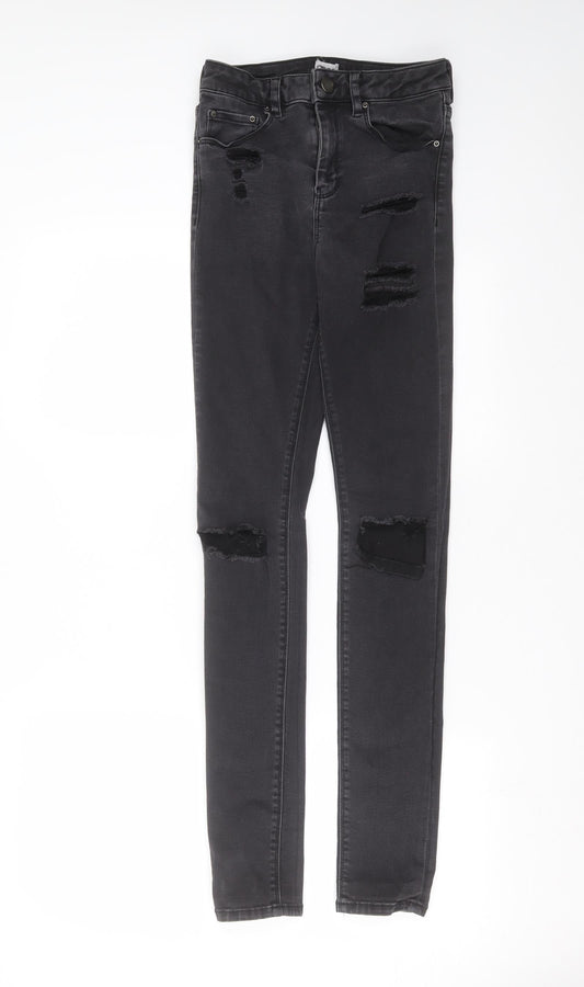 Additional front view of ASOS women’s grey denim skinny jeans, size UK 26, in, 32-inch leg