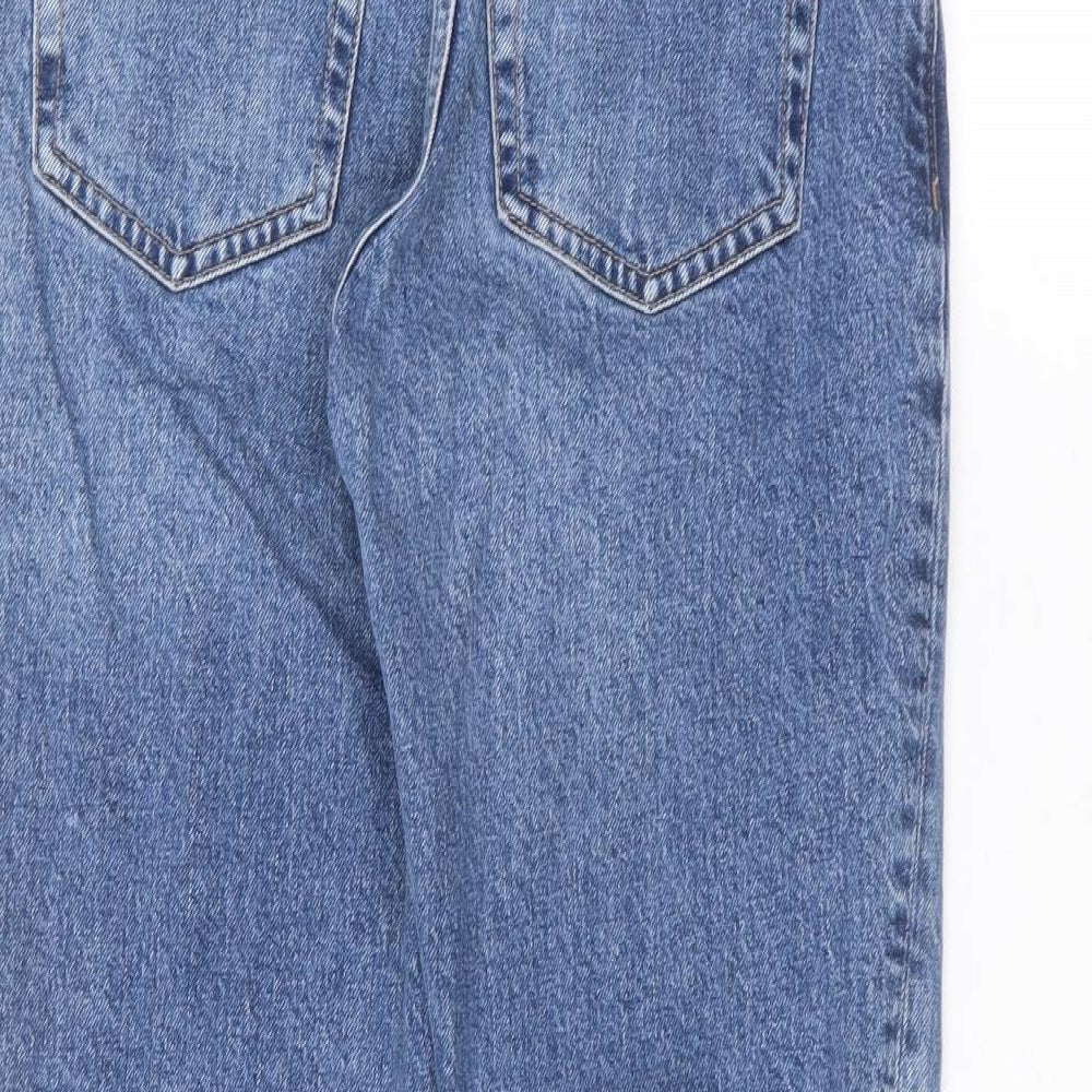 Brand and care label for Topshop women’s blue straight jeans, size UK 26, in, 32-inch leg
