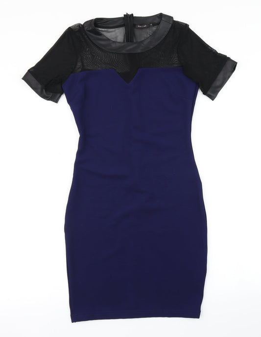 Additional front view of River Island women’s blue pencil dress, size UK 8, - mesh sleeve