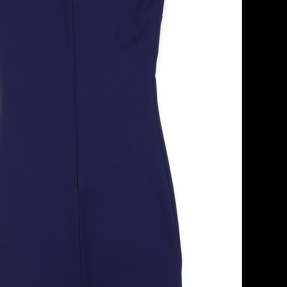 Brand and care label for River Island women’s blue pencil dress, size UK 8, - mesh sleeve