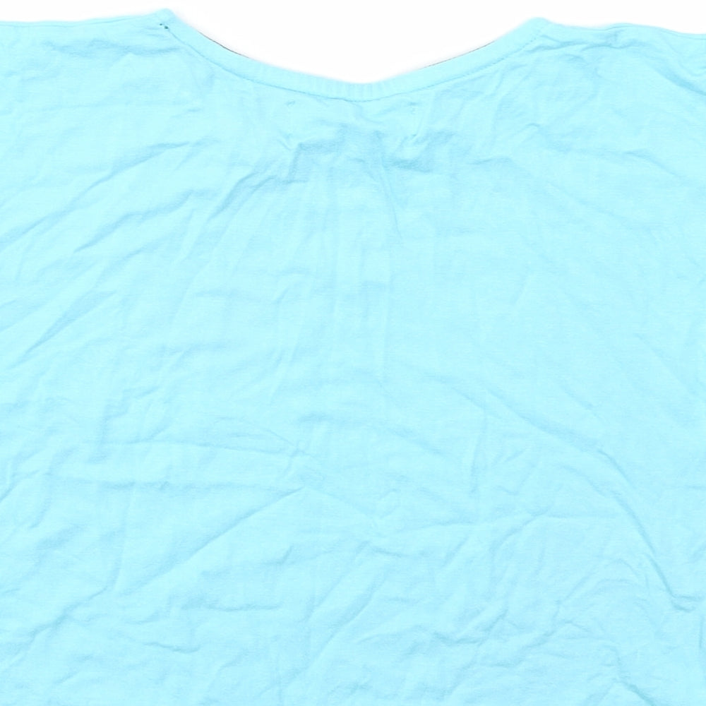 Brand and care label for PINAPLE girls’ blue geometric basic t-shirt, size 7-8, years