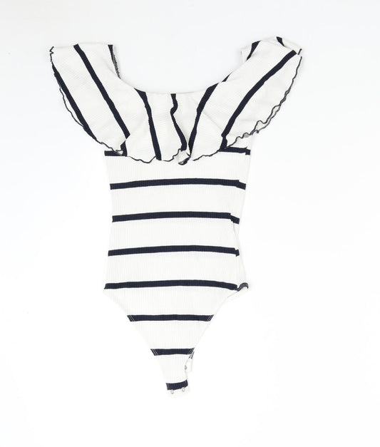 Bershka Womens White Striped  Bodysuit One-Piece Size S