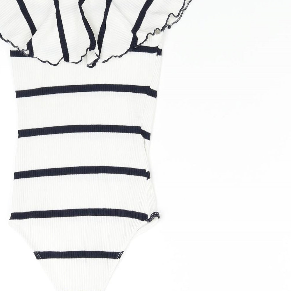 Bershka Womens White Striped Bodysuit One-Piece Size S
